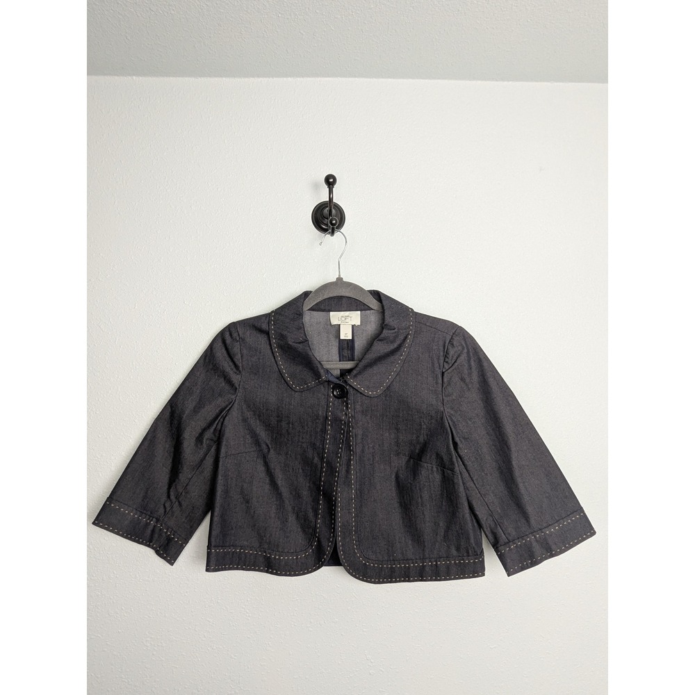 Jacket LOFT Womens 4P Dark Wash Stitch Detail Cropped Blazer